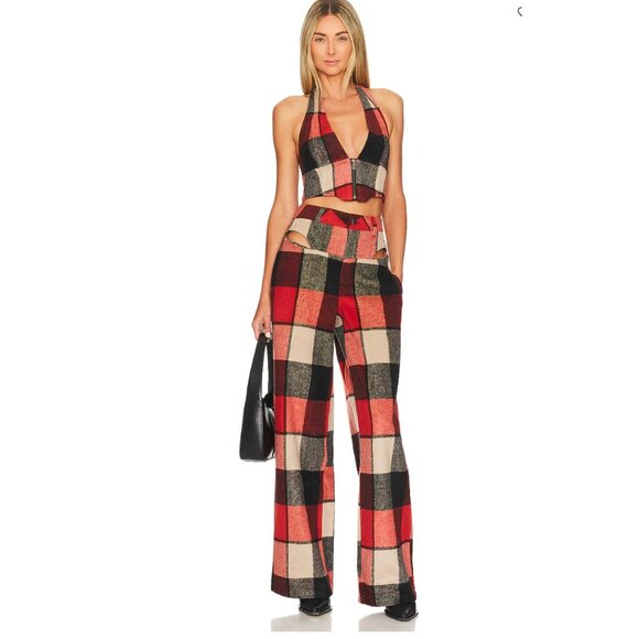 AFRM Willis Cutout Wide Leg Large Plaid Black Red Pants 29 - Picture 1 of 4